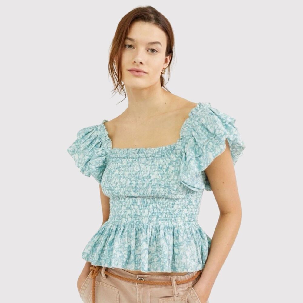 Anthropologie Love The Label Womens Top Blue Smocked Ruffle Crop Blouse Medium